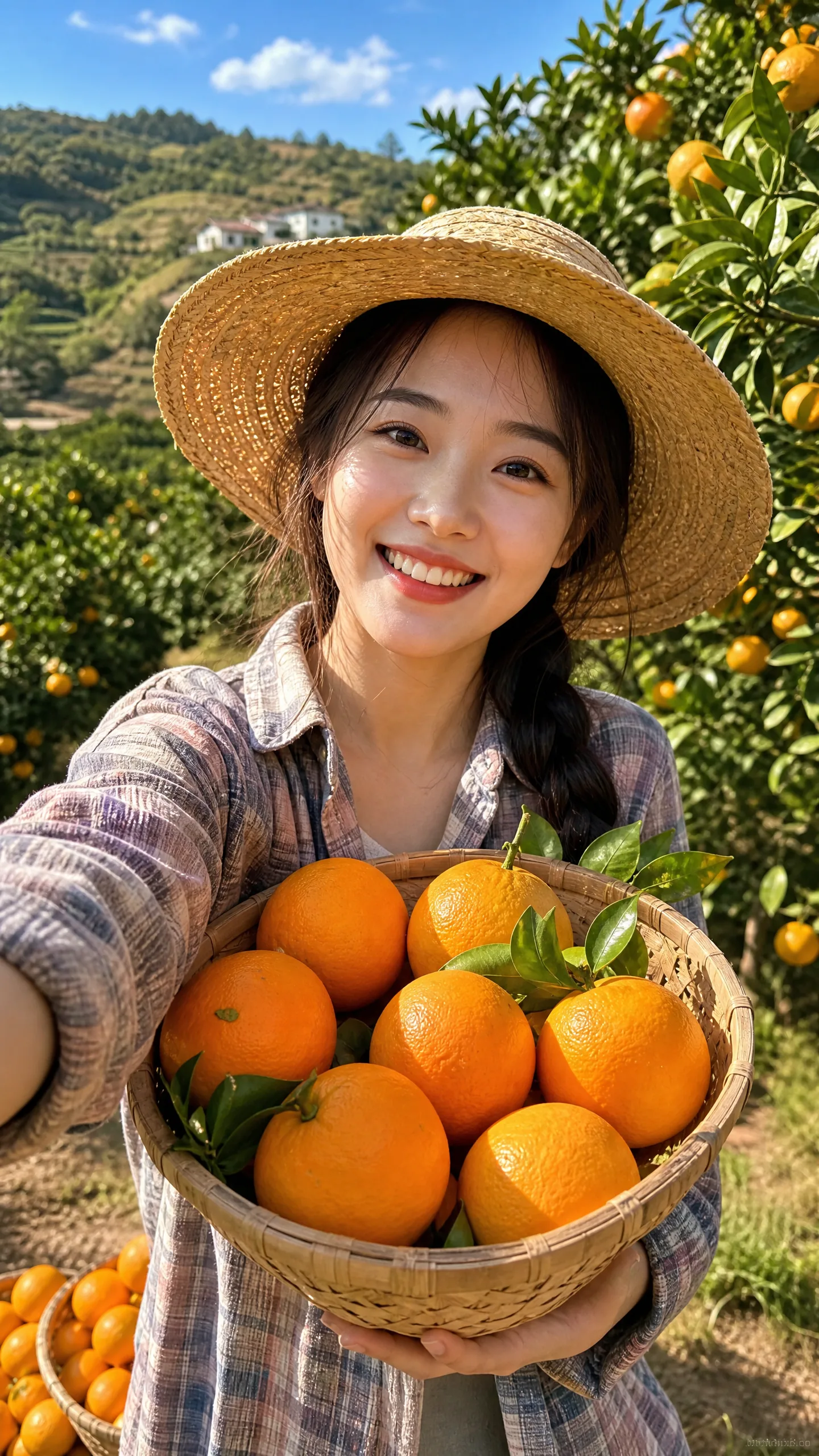 乡村女创作者展示新鲜橘‍子