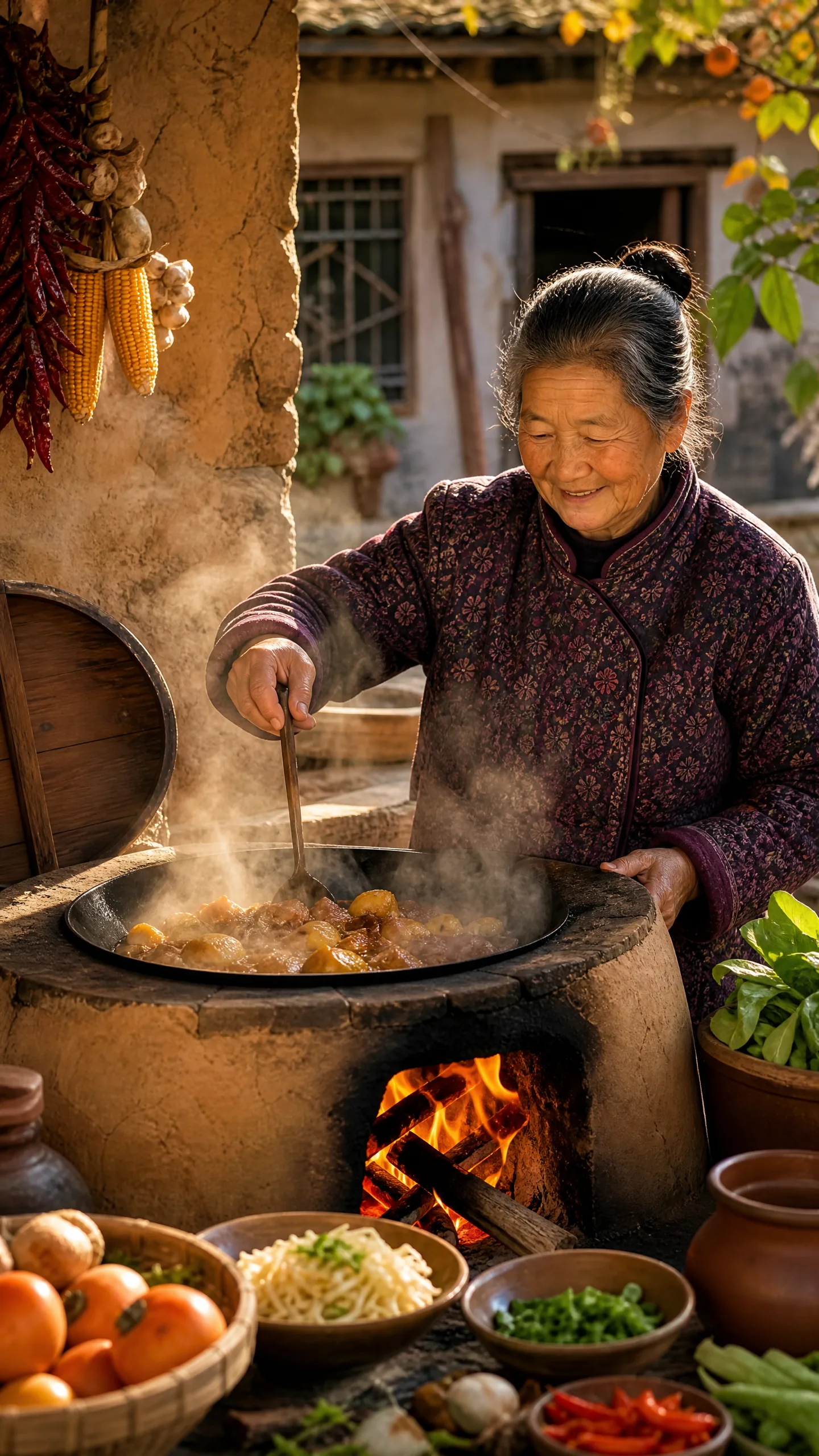 乡村奶奶用​土灶烹饪美食